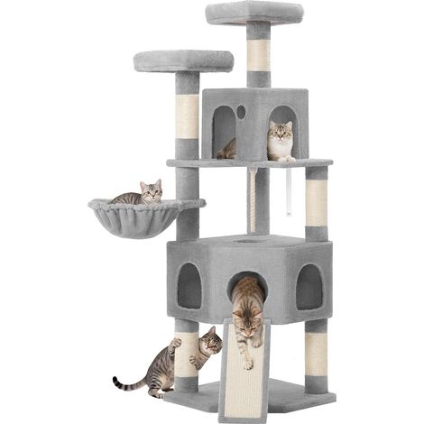 Arbre à Chat Hauteur 174 cm, avec 4 Griffoirs, 2 Plateformes, 2 Niches, 1 Griffoir pour Chat, Corde en Sisal, Pompons, Robustesse pour Familles Multi-Chats, Gris Clair (1/5)