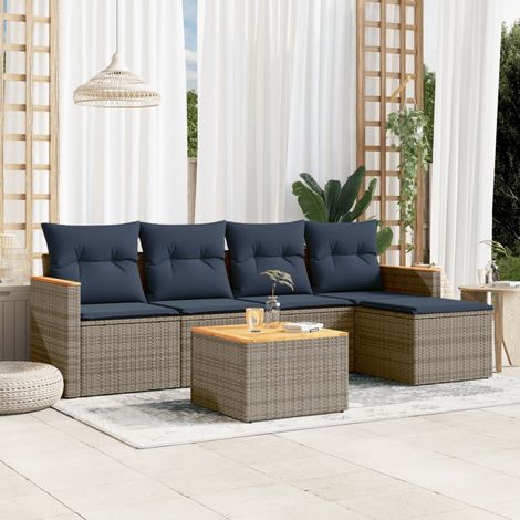 Salon de jardin 6 pièces en résine tressée grise avec coussins bleu marine, 46kg - PANGIVO (1/5)