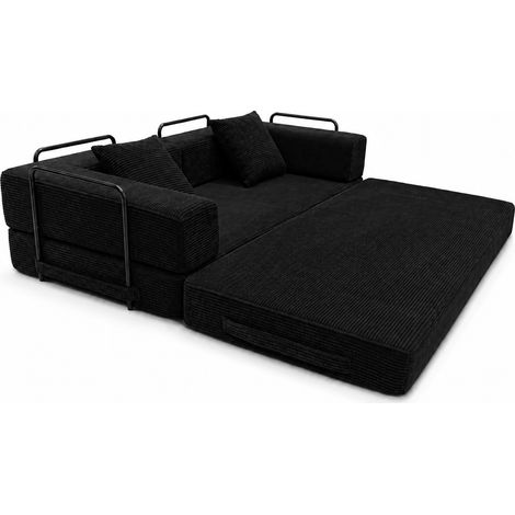 Canapé-lit futon pliable en tissu velours côtelé noir avec dossier et accoudoirs rembourrés (1/5)
