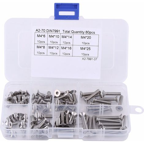 80pcs / Set M4 En acier inoxydable SS304 Tête plate Hex Socket Vis Kit d'assortiment avec outils de fixation de la boîte (1/5)