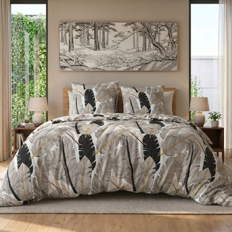 Parure housse de couette 240x220cm + 2 taies motif plumes noir et blanc 100% microfibre - PIUMA (1/4)