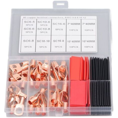 QORVA
-80 pièces Cosse de fil Connecteur à sertir à anneau d'extrémité de câble de batterie en cuivre rouge avec gaine thermorétractable,DUBUNS