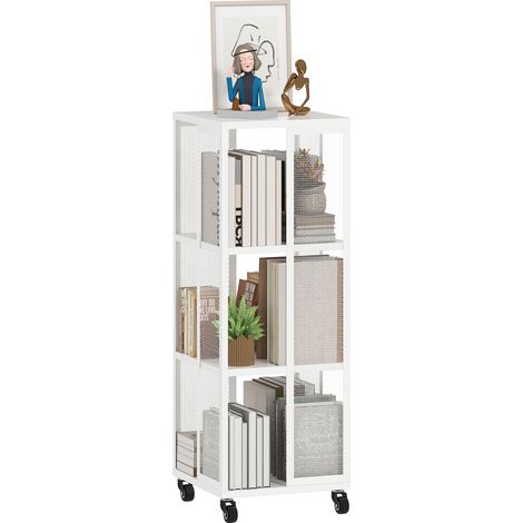Librería moderna de 3 niveles de malla metálica con ruedas, 35x35x99 cm, blanca. (1/5)