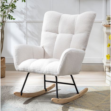 Mecedora de tela Teddy con bolsillo, respaldo alto y base de madera blanca HAVRYA (1/5)