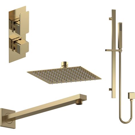 Balterley Empire Modern Square 2 Outlet Shower Valve, Head, Wall Arm and Slide Rail Handset Bundle - Brushed Brass