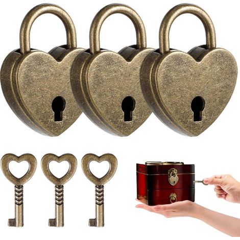 3x Mini cadenas forme cœur avec clé, cadenas d'amour vintage bronze