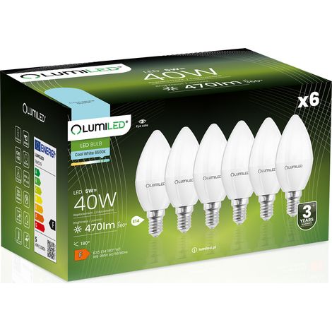 6x LED-Lampe E14 Kerze B35 5W = 40W 470lm 6500K Kaltweiß 180° LUMILED