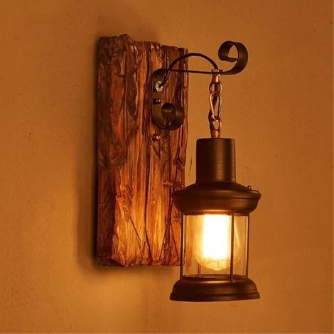 1 x Applique murale vintage, bois et verre, design lanterne rétro, pour décoration intérieure bar café chambre