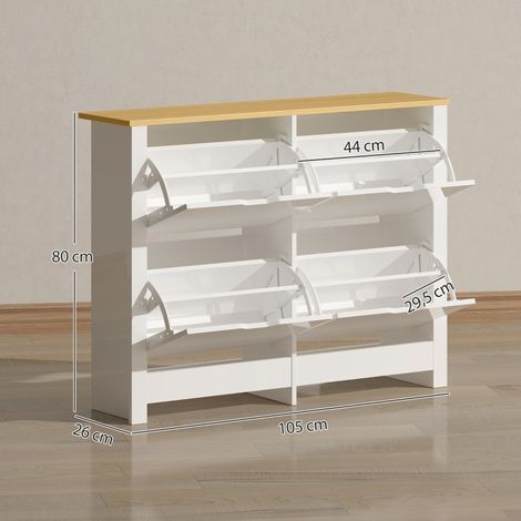 Meuble à chaussures fin, 4 casiers rabattables, capacité 8 à 16 paires, 105 x 26 x 80 cm, teinte blanc et bois naturel, rangement compact (1/5)