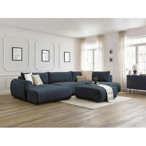 BOBOCHIC - Canapé panoramique convertible coffre LUCIEN tissu lisse avec pouf Angle gauche  Bleu foncé (1/5)