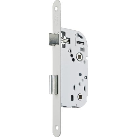 Serrure à Encastrer à Condamnation, Axe à 40 mm, Coffre 135 mm - D13 - Réversible sans démontage, Têtière bouts ronds - Pour Porte de Salle de Bain et WC- Blanc, Gâche inclus (1/5)