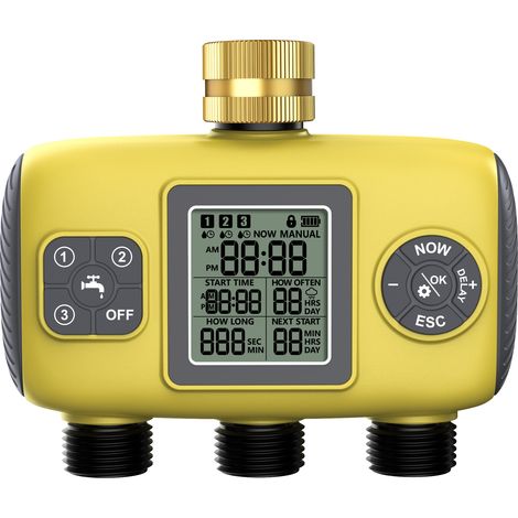 Programmateur Arrosage 3 Voies avec Entrée en Laiton, Minuteur Arrosage Automatique avec Retard de Pluie/Irrigation Manuelle, pour Serre, Pelouse et Jardin