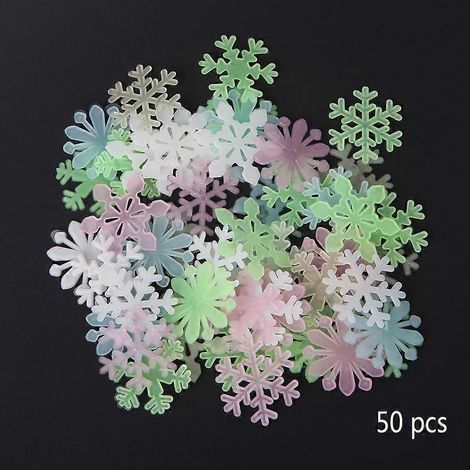 50 autocollants 3D flocons de neige lumineux phosphorescents pour décoration maison jardin, stickers fluorescents qui brillent dans le noir. (1/4)