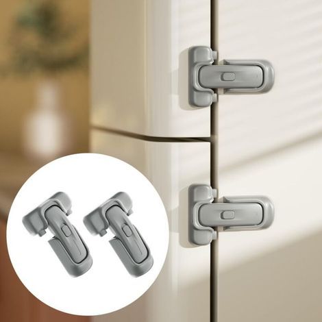 Verrou de réfrigérateur pour serrure de porte de réfrigérateur à l'épreuve des enfants, protège les réfrigérateurs avec des joints endommagés, sans outil requis (Gris, 2 Pièces)