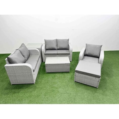 Fimous High Back Poly Rattan Garden Furniture Set with Reclining Chair Loveseat Sofa Rectangular Coffee Table Indoor Outdoor Patio  Set Big Stool Side Table Light Grey (1/4)