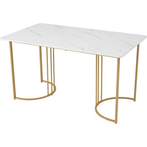 Table de salle à manger 140 x 80 cm (1 pièce), table de cuisine moderne, structure en métal, table rectangulaire à motif marbre moderne avec pieds réglables pour salle à manger et salon, blanc/doré (1/5)