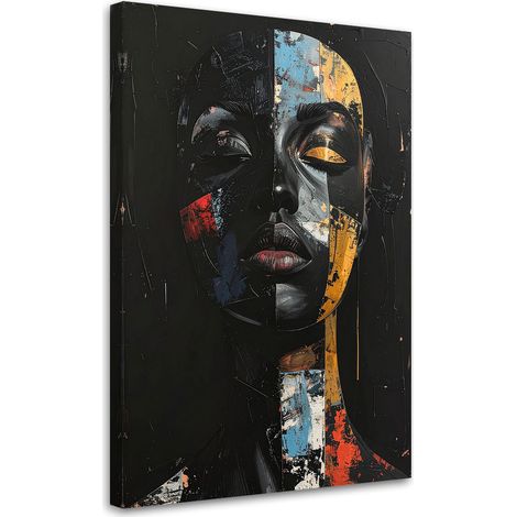 Cuadro en Lienzo, Retrato de una mujer abstracto sobre fondo negro con detalles coloridos, 20x30 (1/5)