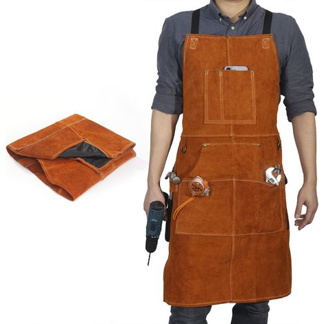 Tablier Soudeur Cuir 6 Poches Ignifuge, Pour forgeron mécanicien atelier (1/5)