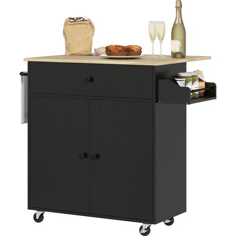 HOMCOM isla de cocina con ruedas ala abatible 2 puertas cajón especiero toallero y estante ajustable 106x42x87 cm negro y roble