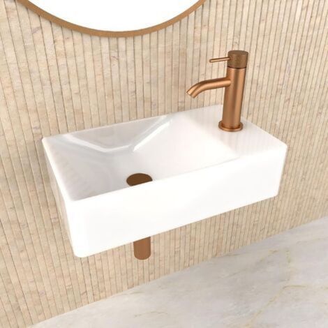 Lave-Mains WC Suspendu 38x22 cm. Lavabo Compact en Céramique. Gain de Place. avec Trou Robinetterie. Sans Trop-Plein. Petit Lavabo Toilettes Invités. Bol à Gauche. Blanc Design Moderne WC Pro + (1/5)