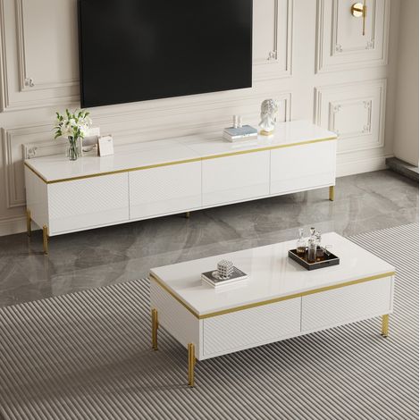 Ensemble meuble TV et table basse blanche brillante avec détails dorés, OKWISH (1/5)