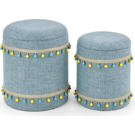 Conjunto de pufs Houston 1155, Azul claro, 44x0x0cm, Diámetro: 38, Tapiz, 0, Caja de almacenamiento