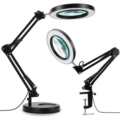 2-in-1-Lupe mit Lampe, 3 Farbmodi, einstellbare Helligkeit, 10-fache Vergrößerung, Echtglas (Tischlampe und Klemme) (1/5)