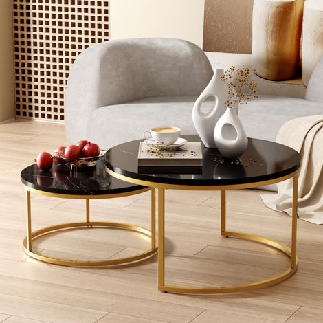 Table Basse Gigogne Moderne Effet Marbre Noir et Doré en MDF et Métal Lot de Deux (1/5)