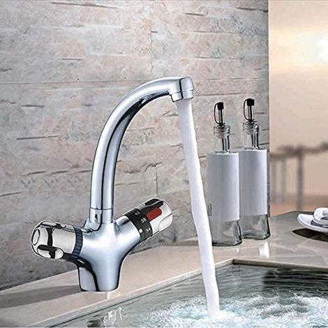 Mitigeur thermostatique de lavabo avec thermostat à deux poignées Robinet de salle de bain Chromé