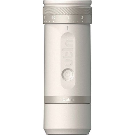 OutIn Fino Moulin à Café Électrique Portable à Meules Coniques - Blanc Grès, 28 Réglages, Meule Inox 7 Étoiles