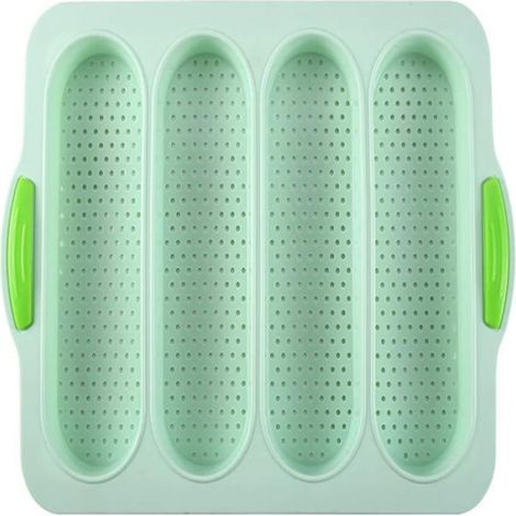 1 Moule à baguette, silicone antiadhésif 4 fentes, moule à pain vert clair, accessoire cuisson four (1/5)