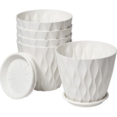 TOQUE Plant Pots,5Pc 8 Inch Plant Pots Indoor,Drainage,PP Plastic,White (1/5)