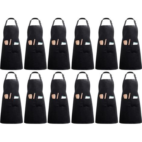 12 Pack Kitchen Apron with 2 Pockets Adjustable Home Cooking Aprons for Women Men Chef (Black Polyester) (1/5)