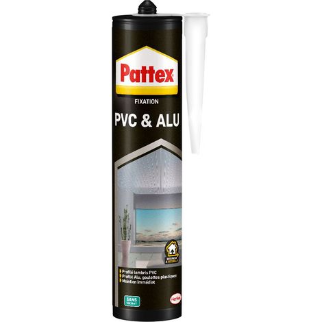 Pattex PVC & ALU, mastic colle pour fixations sur PVC & Aluminium, collage haute performance sur supports humides en intérieur & extérieur, colle blanche en cartouche de 450 g