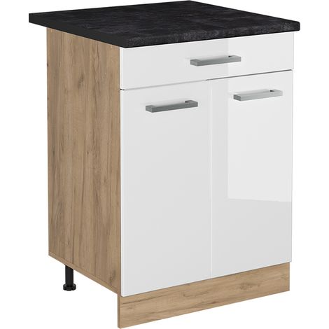 Mobiletto base cucina R-Line, Bianco lucido/Rovere dorato, 60 cm con cassetto piano di lavoro Antracite, Vicco (1/5)