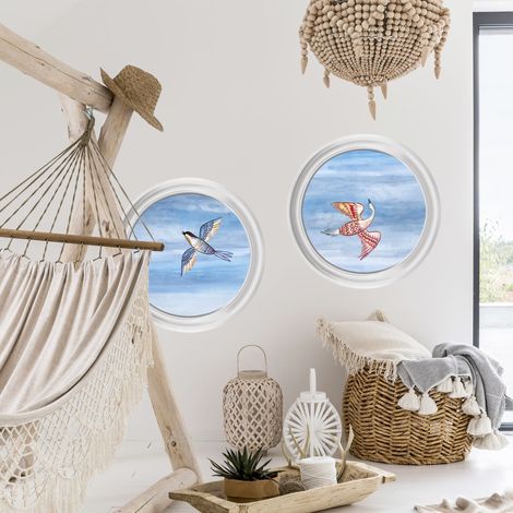 Grand Décor Panoramique Découpé, Boiserie oeil de boeuf ciel et oiseaux II, 166cm X 81cm (1/5)