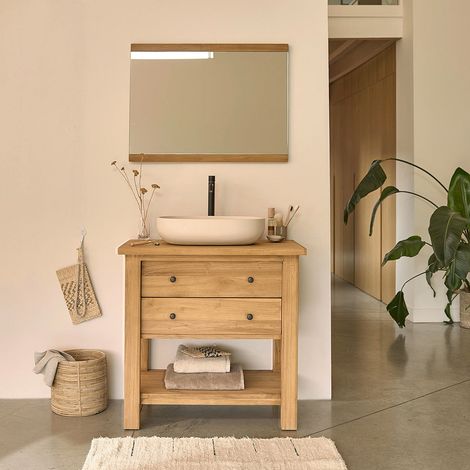 Meuble sous vasque en teck recyclé massif 82 cm (1/5)
