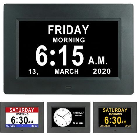 Reloj digital LCD de 7 pulgadas con calendario, fecha, día y hora, formato de reloj completo, atenuación automática, 8 idiomas, pantalla HD, recordatorio para personas con Alzheimer, ancianos y niños (1/5)