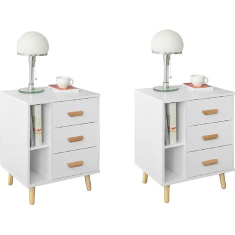 Set de 2 Mesitas de Noche con 3 cajones y 3 estantes Mesa Auxiliar Mesita para salón Comedor Blanco L48xP40xH60 cm FBT95-Wx2 SoBuy ES