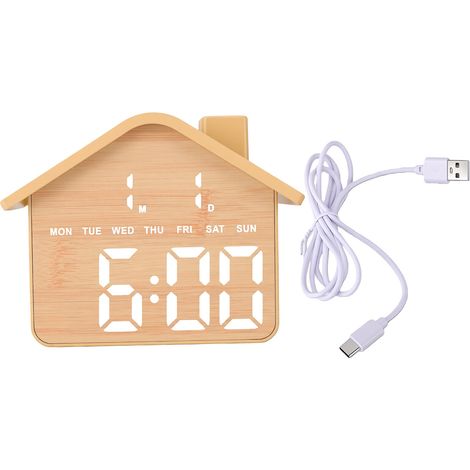 Réveil LED en forme de maison avec lumière nocturne numérique double alarme 4 niveaux de luminosité pour chambre jaune (1/5)