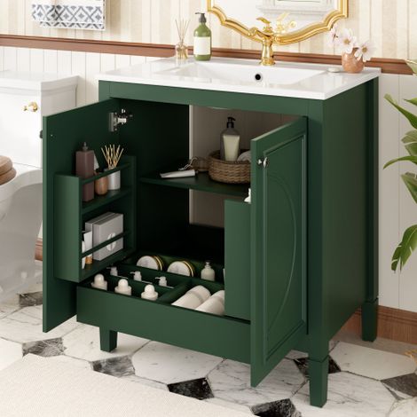 76x46,5x88,5cm, lavabo sur pied, étagères réglables, lavabo intégré, poignées métal, rangement intérieur porte, design symétrique incurvé, vert (1/5)