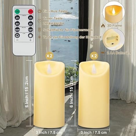 Bougies LED Sans Flamme - D7,5 cm Piliers Flamme Vacillante Ivoire Télécommande Minuterie Intérieur Extérieur Décoration (1/4)