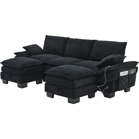 Divano modulare 3 posti in tessuto a coste nero con 2 pouf, porta USB-C e tasche laterali, MODENUIT (1/5)