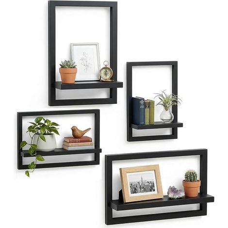 Étagères Murales Bois – Étagère Murale Flottante pour Salon, Chambre, Cuisine – Tablette Murale Design Moderne pour Livres, Plantes, Cadres (Noir) (1/4)