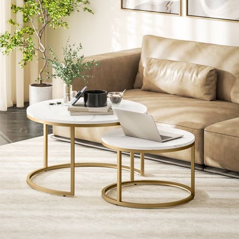 Lot de 2 tables basses gigognes empilable design industriel plateau imitation ciment pieds en métal blanc (1/5)