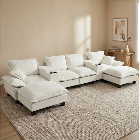 Canapé modulable en chenille beige 392x151x90 cm avec rangement, porte-gobelets, USB et ottomans (1/5)