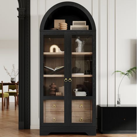 Credenza alta da cucina con ante in vetro, ripiani regolabili e cassetti, nera OKMYHOME (1/5)