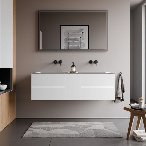BERNSTEIN - Meuble vasque suspendu MDF Blanc laqué, lavabos en Fonte Anthracite mat, 5 tiroirs poussoir & Soft-Close - 140x52x45cm - ARCTIC