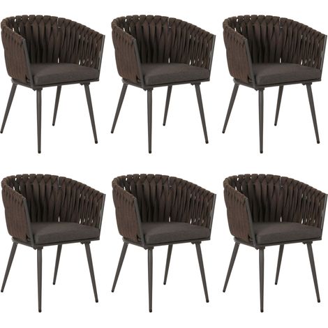 [NON UTILIZZATO] Set 6 sedie soggiorno in alluminio HHG-418, sedie salotto con braccioli, intreccio corda, marrone cuscino grigio