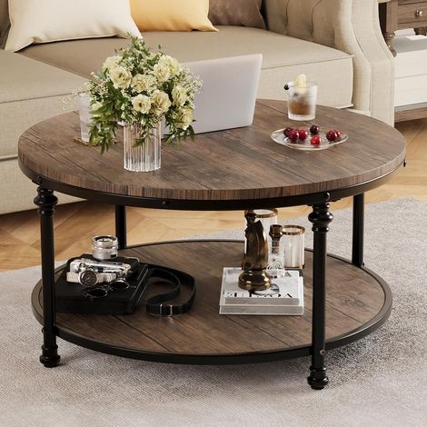Table basse ronde 2 niveaux en bois avec étagère de rangement salon (1/5)